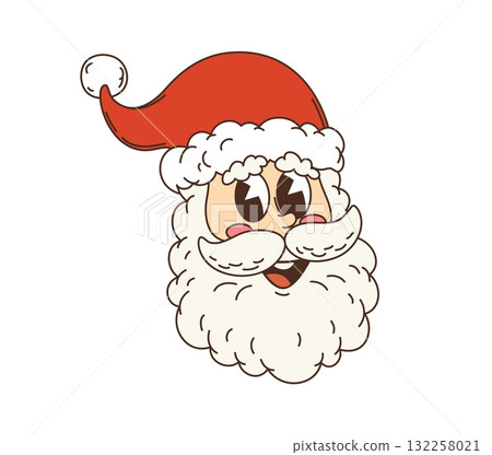 Retro cartoon groovy Christmas cheerful Santa Claus character with fluffy beard, mustache and classic red cap exudes funky holiday cheer. Isolated cartoon vector xmas hippie Noel traditional personage 132258021