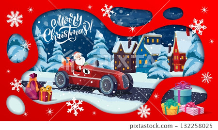 Christmas paper cut banner with Santa on racing car, winter town landscape. Red vector holiday card with pine trees and gift boxes on the snow. Santa Claus in costume ride car with orange squirrel Christmas paper cut banner with Santa on racing car, winter town landscape. Red vector holiday card with pine trees and gift boxes on the snow. Santa Claus in costume ride car with orange squirrel 132258025