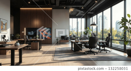 Interactive office environment with smart AI assistants integrated into desks, ergonomic chairs, and ambient lighting. Add a smart display for 132258031
