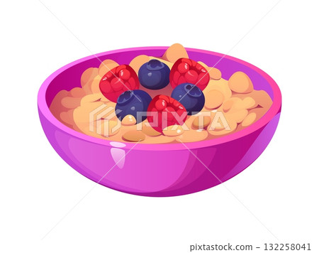 Oatmeal porridge bowl icon, food cooking process and breakfast meal, isolated vector. Oatmeal porridge or muesli with berries for healthy food cooking or meal processing and preparation kitchenware 132258041