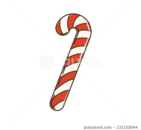 Retro cartoon groovy striped vector candy cane with red and white diagonal stripes. Xmas festive candy, Christmas menu icon. Isolated vector retro candycane sweet treat decorated with vibrant stripes 132258044