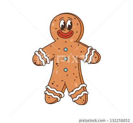 Retro cartoon groovy Christmas vector gingerbread mascot. Cute gingerbread cookie character with sparkling eyes, wide red smile and icing trims. Isolated vector happy xmas dessert pastry personage Retro cartoon groovy Christmas vector gingerbread mascot. Cute gingerbread cookie character with sparkling eyes, wide red smile and icing trims. Isolated vector happy xmas dessert pastry personage 132258052
