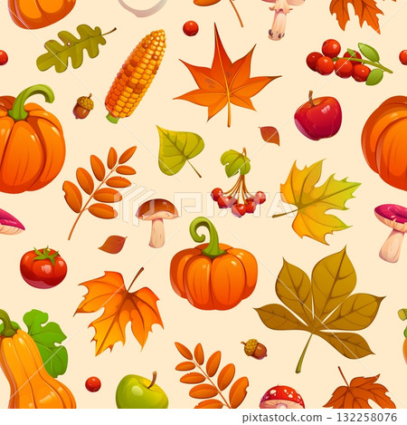 Autumn harvest vector seamless pattern with seasonal fall maple leaves, red apple and tomato, pumpkin, corn cob, oak acorn, rowan berries and mushrooms. Seasonal packaging, fabric print autumn pattern 132258076