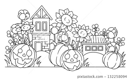 Coloring book. A cute composition with houses, Halloween pumpkins, and autumn flowers. Horizontal border. 132258094