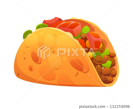 Cartoon tacos Mexican fast food snack. Isolated vector Tex mex fastfood takeaway meal made of corn or wheat tortilla with grilled chicken meat, beans and fresh vegetables like tomatoes and lettuce 132258096