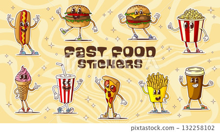 Groovy fast food characters stickers, funny snacks, burgers and sandwiches, cartoon vector. Groovy fast food stickers with funky cheeseburger, popcorn with thumb up, pizza and potato fries with smile Groovy fast food characters stickers, funny snacks, burgers and sandwiches, cartoon vector. Groovy fast food stickers with funky cheeseburger, popcorn with thumb up, pizza and potato fries with smile 132258102
