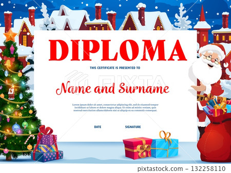 Kids diploma with Santa Claus holding gift bag, Christmas tree with lights, snowy village houses and wrapped festive gifts vector background frame. Cartoon Santa with Xmas winter holidays kids diploma 132258110