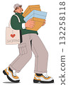 Young man carrying shopping boxes and tote bag in stylish flat design. 132258118