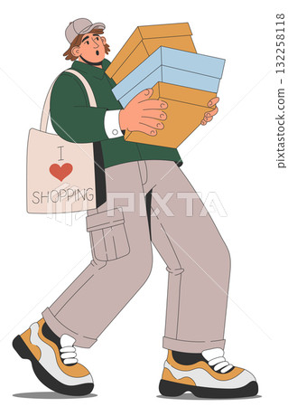 Young man carrying shopping boxes and tote bag in stylish flat design. 132258118
