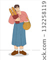 Young woman holding fresh baguettes and basket in cozy flat illustration 132258119