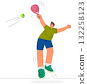 Male padel player jumping to hit ball with racket in flat modern design 132258123