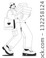 Minimalist outline drawing of man holding shopping boxes and paper bag. 132258124