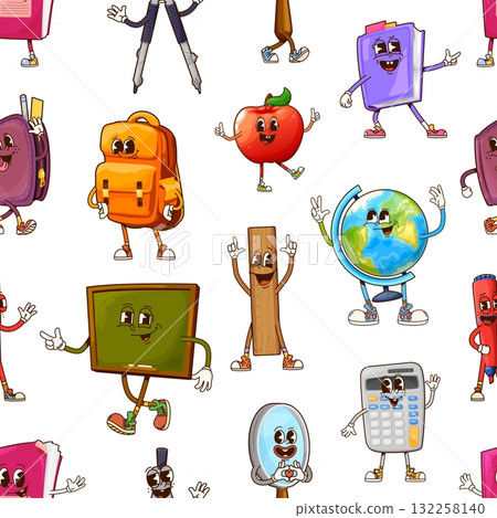 Groovy school education stationery characters vector seamless pattern. Orange backpack, funky chalkboard, funny globe, happy apple, wooden ruler and magnifying glass, cheerful calculator y2k supplies Groovy school education stationery characters vector seamless pattern. Orange backpack, funky chalkboard, funny globe, happy apple, wooden ruler and magnifying glass, cheerful calculator y2k supplies 132258140