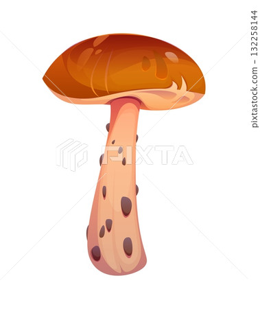 Cartoon autumn mushroom with a thick beige stalk dotted with brown spots and a shiny, smooth, rounded brown cap. Isolated vector fall season forest fungus, symbolizing wild nature and woodland plants 132258144