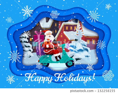 Christmas paper cut banner with Santa on scooter and winter town landscape. Cartoon vector Santa Claus character delivery gift boxes on merry xmas holiday. Snowy greeting card with rider and pines 132258155