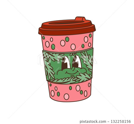Retro cartoon groovy Christmas takeaway coffee cup vector character decorated in pink with a green festive sleeve. Christmas promotion, seasonal xmas holiday packaging. Isolated vector y2k personage Retro cartoon groovy Christmas takeaway coffee cup vector character decorated in pink with a green festive sleeve. Christmas promotion, seasonal xmas holiday packaging. Isolated vector y2k personage 132258156
