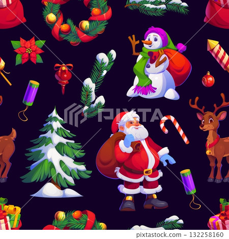 Christmas holiday characters seamless pattern with with Santa Claus, cheerful snowman, reindeer with bells, pine trees, fireworks, poinsettia flowers and garland. Cartoon vector festive xmas tile 132258160