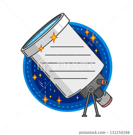 Sky and space kids memo note frame. Cartoon vector notepad page as a telescope standing on a tripod against a starry blue circular background. Playful label for astronomy, exploration and discovery 132258166