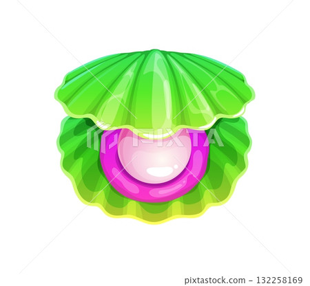 Cartoon pearl shell or oyster and scallop with pearl, vector seashell with treasure jewelry. Cartoon green scallop shell with pink mother pearl or seashell of undersea or underwater mollusk 132258169