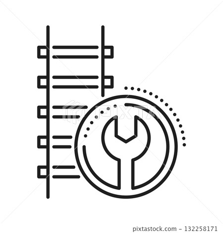 Railroad railway icon of train and subway rail tracks technical maintenance, vector line pictogram. Railroad and railway symbol wrench spanner for metro, tram and subway train rail tracks service Railroad railway icon of train and subway rail tracks technical maintenance, vector line pictogram. Railroad and railway symbol wrench spanner for metro, tram and subway train rail tracks service 132258171