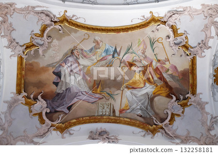 Amorbach abbots and bishops of Verden and Martyrs: Saint Tanco, Kortyla, Haruchus and Erlulphus fresco by Matthaus Gunther in Benedictine monastery church in Amorbach, Germany Amorbach abbots and bishops of Verden and Martyrs: Saint Tanco, Kortyla, Haruchus and Erlulphus fresco by Matthaus Gunther in Benedictine monastery church in Amorbach, Germany 132258181