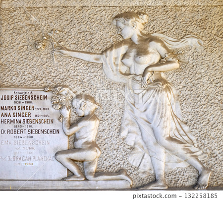 Detail of a mourning sculpture on a Mirogoj cemetery, Zagreb, Croatia Detail of a mourning sculpture on a Mirogoj cemetery, Zagreb, Croatia 132258185