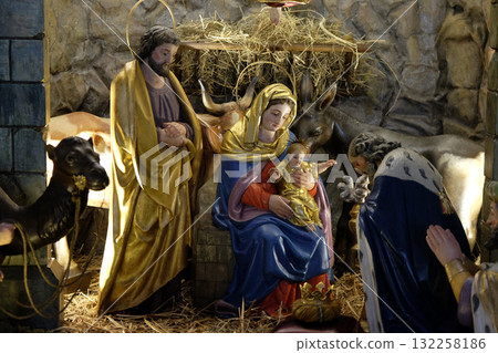 Nativity scene, creche, or crib, birth of Jesus in Parish Church of the Holy Blood in Graz, Styria, Austria Nativity scene, creche, or crib, birth of Jesus in Parish Church of the Holy Blood in Graz, Styria, Austria 132258186