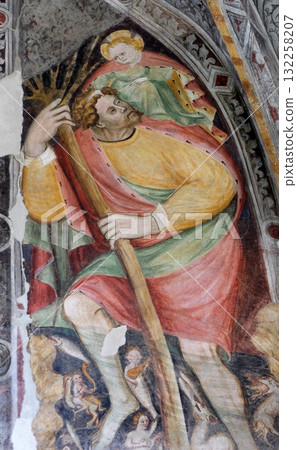Saint Christopher, fresco in the cloister, Cathedral of Santa Maria Assunta and San Cassiano in Bressanone, Italy 132258207