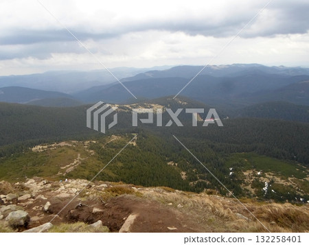 Expansive Mountain Vista with Evergreen Forests and Distant Snowy Peaks 132258401