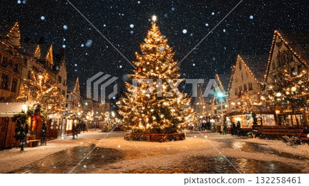 christmas tree on market in snowy winter 132258461