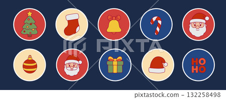 Christmas circle icons set with Santa, tree, gifts, candy cane, stocking, bell and ornaments. Cute retro cartoon xmas illustration, festive vector stickers for holiday, winter and new year celebration Christmas circle icons set with Santa, tree, gifts, candy cane, stocking, bell and ornaments. Cute retro cartoon xmas illustration, festive vector stickers for holiday, winter and new year celebration 132258498