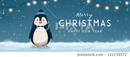 merry christmas greetings with cute penguin character illustration 132258572