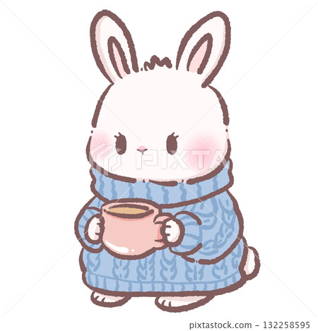 Cute bunny holding a warm mug cozy winter illustration pastel kawaii art soft hygge hand drawn character for cards stickers and digital planners 132258595
