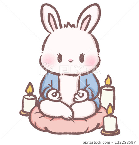 Adorable bunny meditating with candles cozy winter illustration pastel kawaii art calm hygge aesthetic hand drawn character for stickers and planners 132258597
