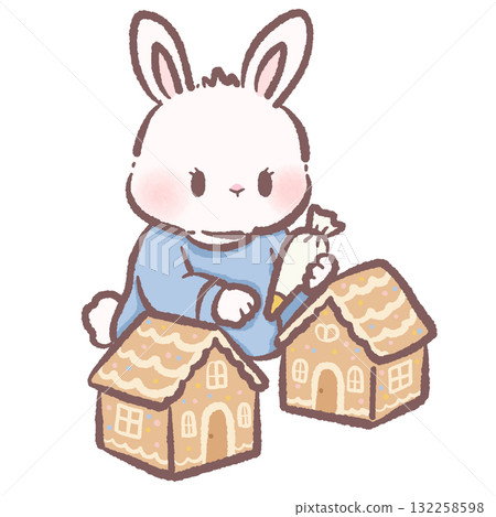 Cute bunny decorating gingerbread houses cozy winter illustration kawaii pastel art hand drawn holiday baking character for cards and crafts 132258598