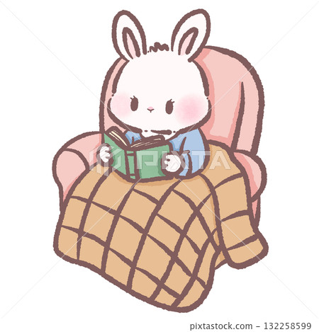 Adorable bunny reading a book on cozy armchair pastel winter illustration kawaii art hygge aesthetic hand drawn character for cards and crafts 132258599