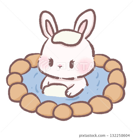 Sweet bunny soaking in hot spring cozy winter illustration kawaii pastel art hand drawn warm bath relaxation hygge character for cards and decorations 132258604