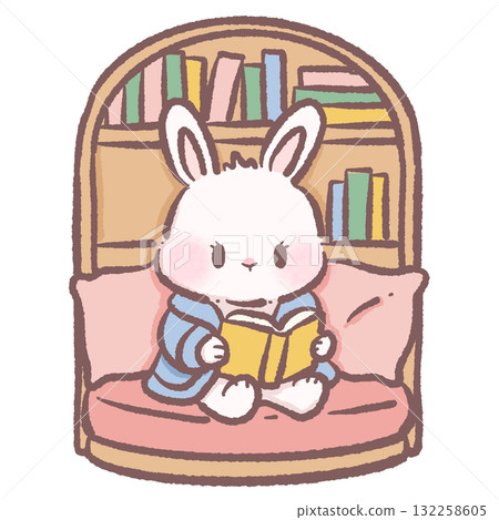 Adorable bunny reading a book in cozy nook pastel winter aesthetic cute animal illustration hygge hand drawn art for cards and decorations 132258605