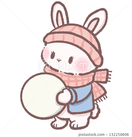 Cute winter bunny holding snowball cozy illustration soft pastel aesthetic kawaii animal art hand drawn style wintertime character for cards and crafts 132258606