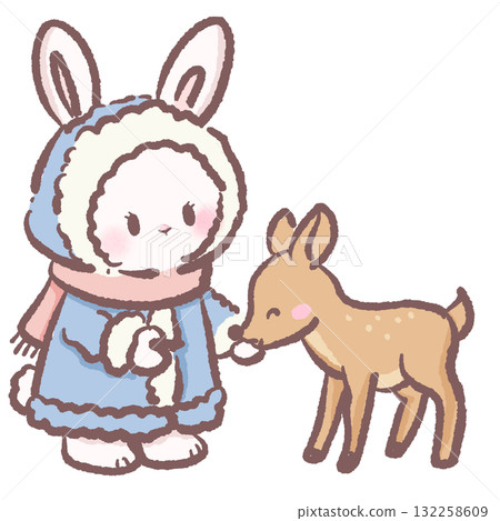 Sweet winter bunny feeding deer illustration soft pastel cozy aesthetic cute animal art friendship woodland character for cards stickers and crafts 132258609