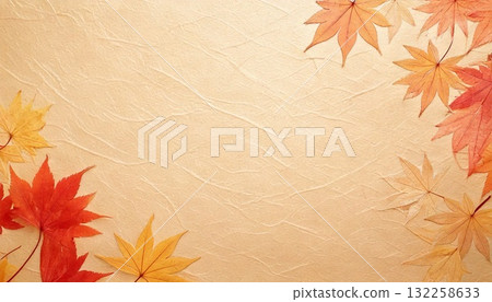 Warm autumn texture of handmade Japanese paper decorated with autumn leaves 132258633