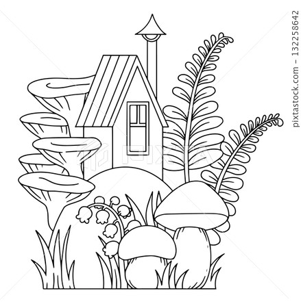 Coloring book. A cute composition with a house, forest plants, and mushrooms. 132258642