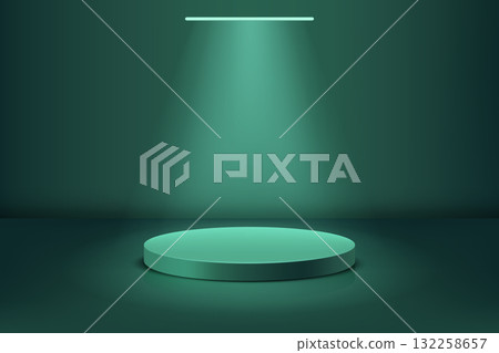 Green round podium stand with spotlight, 3D pedestal, vector minimalistic background, platform for product presentation 132258657