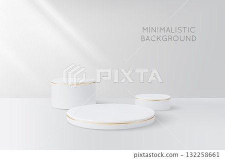 Minimalistic background with white round podium stands, 3D pedestals with golden line, platform for product presentation 132258661