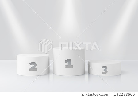 Realistic 3D white cylindrical podiums with the numbers 1, 2, and 3, spotlights. Realistic 3D white cylindrical podiums with the numbers 1, 2, and 3, spotlights. 132258669