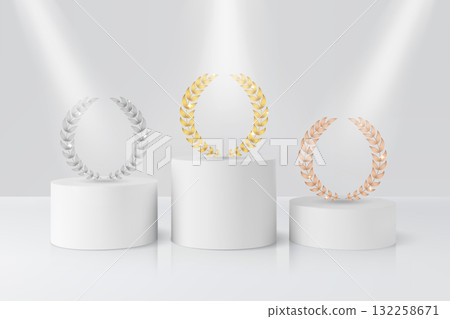 3D cylindrical podiums, white, various lengths, with laurel wreaths, gold, silver, and copper. 3D cylindrical podiums, white, various lengths, with laurel wreaths, gold, silver, and copper. 132258671