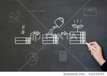 一個人在黑板上手繪資產成長圖的圖片 132258707