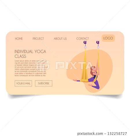Yoga studio, individual yoga class vector flat landing page, woman practicing yoga on the hanging rope, aerial pilates 132258727