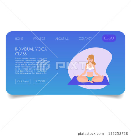 Website landing page with a female character in a pose, blue, online classes. 132258728