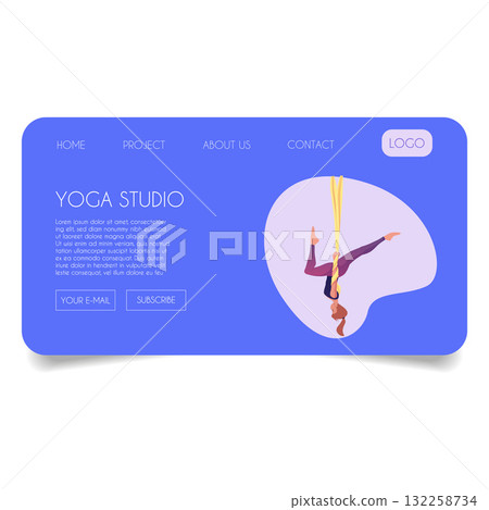Yoga studio vector flat landing page advertising design, woman practicing yoga on the hanging rope, aerial pilates Yoga studio vector flat landing page advertising design, woman practicing yoga on the hanging rope, aerial pilates 132258734